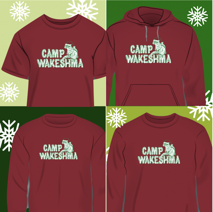 Four red shirts: T-shirt, Long sleeved, Hoodie, and Sweatshirt with Camp Wakeshma and Chippie in a holiday hat